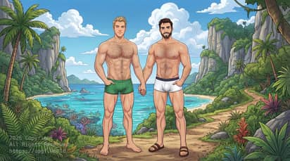 Chris Cargill and his partner David Swanson-Cargill on Makatea Island in the French Polynesia on Earth walking on the beach in their swimsuits, holding hands
