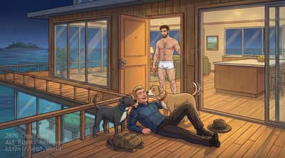 David Swanson-Cargill coming home from the UPGF Medical Academy and being met by his two dogs Buster and Chance and his partner Chris Cargill