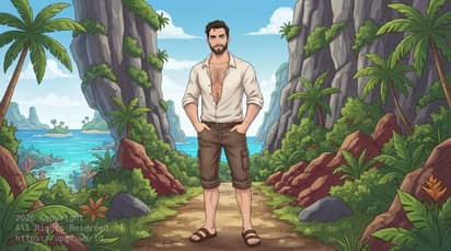 United Planets And Galactic Fleet - Chris Cargill on Makatea Island in the French Polynesia on Earth. Chris is standing on a trail that is surrounded by tropical foliage. Chris is wearing a loose fitting cotton shirt that is unbutton except the last two buttons showing off his hairy chest, defined pecks and abs. The shirt is long sleeve but Chris has the sleeves rolled up to his elbows. Chris has cargo pants on with a brown belt. The cargo pants are rolled up to his knees. Chris is wearing brown sandals. Chris has his hands in his pockets in his cargo pants. Chris has brown wavy short hair with a brown short beard. Chris has hairy arms and legs. Chris has amazing blue stunning eyes. The tropical foliage is a mix of plants and rocks in a beautiful, Makatea Island setting. The scene is that of Makatea cliffs and ocean in the background.
