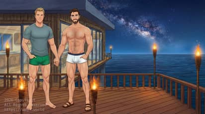 avid Swanson-Cargill and Chris Cargill holding hands in their swimsuits at night on their deck on their ocean house offshore from Makatea Island in the French Polynesia on Earth. David is wearing a green swim trunks and t-shirt while Chris is in his white swim trunks with no shirt. David is barefoot while Chris is wearing brown sandals. The men are both holding hands while Chris has his other hand in a pocket in his swim trunks.