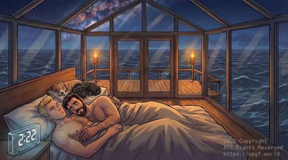 Chris Cargill and David Cargill sleeping together with their two dogs, Buster and Chance in their loft at their ocean home off the cost of Makatea Island in the French Polynesia on Earth.