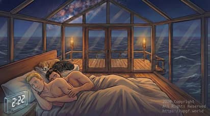 David Swanson-Cargill looking at his bedroom click which read 2:22 before falling asleep next to Chris is partner and his two dogs Buster and Chance at their home near Makatea Island in the French Polynesia on Earth.
