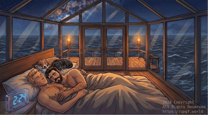 Chris Cargill and David Cargill sleeping together with their two dogs, Buster and Chance in their loft at their ocean home off the cost of Makatea Island in the French Polynesia on Earth.
