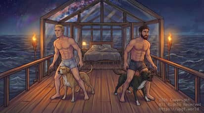 David, Chris, Chance, and Buster on the balcony at their home near Makatea Island in the French Polynesia on Earth, looking at the sky due to a large sonic boom type of noise. 