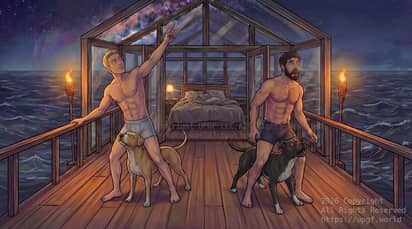 David and Chris looking up at the night sky due to the large sonic boom like noise with Buster and Chance at their home near Makatea Island in French Polynesia, near Earth.