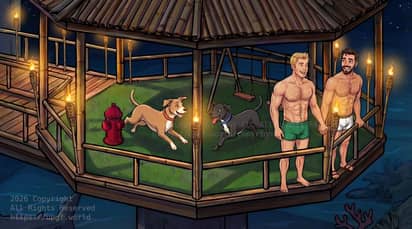 Chris and David with Buster and Chance out on their play pavilion at their house near Makatea Island in French Polynesia on Earth.