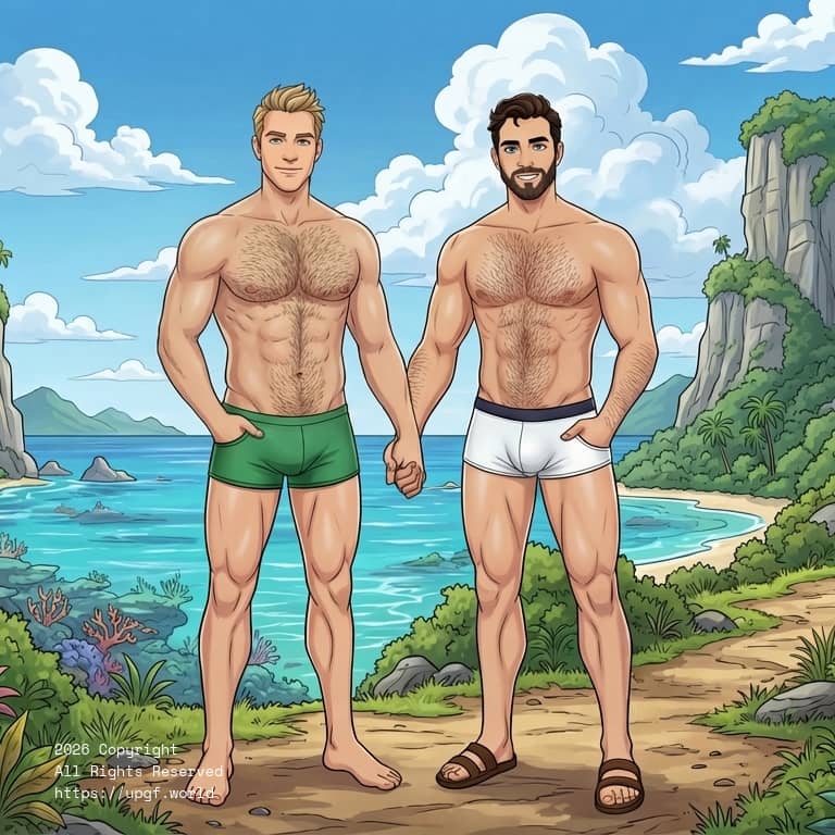 David Swanson-Cargill and Chris Cargill on Makatea Island in the French Polynesia on Earth, holding hands and walking on the beach together.